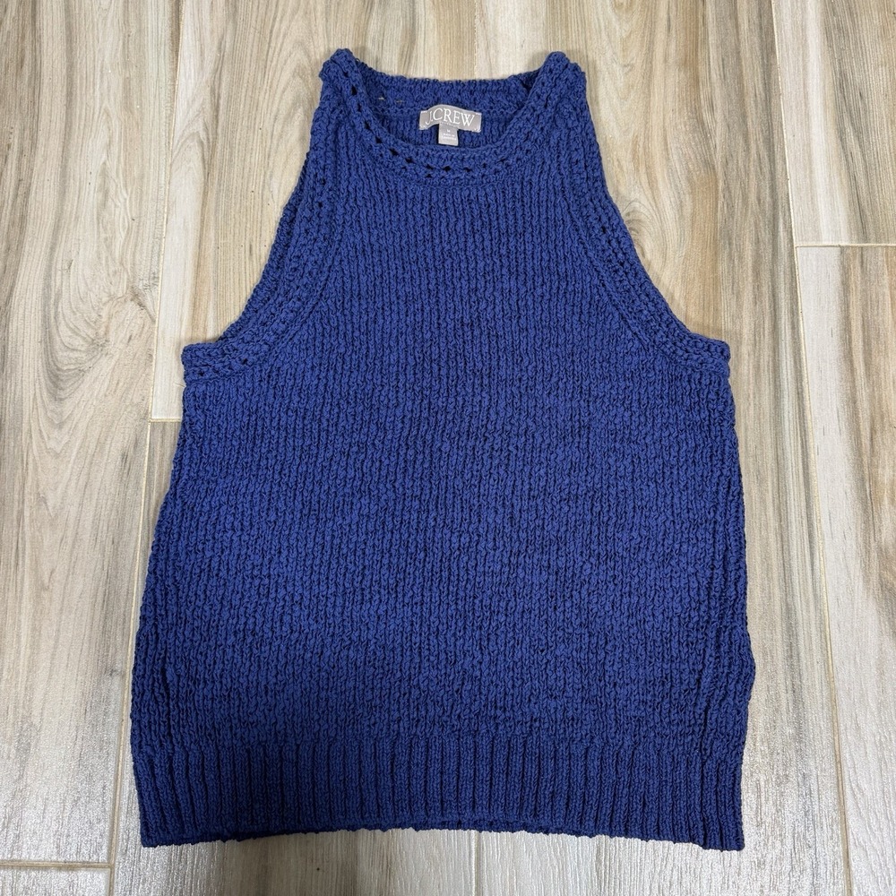 J.Crew Womens Blue Hi Neck Textured Pointelle Sweater Tank Size Medium Euro Knit